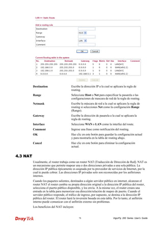 VigorFly 78 200 Series User’s Guide 
Destination 
Escribe la dirección IP a la cual se aplicara la regla de routing. 
Range 
Seleccione Host o Net para especificar la pasarela o las configuraciones de mascara de red de la regla de routing. 
Netmask 
Escribe la máscara de red a la cual se aplicara la regla de routing si selecciones Net como la configuración Range (Rango). 
Gateway 
Escribe la dirección de pasarela a la cual se aplicara la regla de routing. 
Interface 
Seleccione WAN o LAN como la interfaz del route. 
Comment 
Ingrese una frase como notificación del routing. 
OK 
Haz clic en este botón para guardar la configuración actual y para mostrarla en la tabla de routing abajo. 
Cancel 
Haz clic en este botón para eliminar la configuración actual. 
44..33 NNAATT 
Usualmente, el router trabaja como un router NAT (Traducción de Dirección de Red). NAT es un mecanismo que permite mapear una o dos direcciones privadas a una sola pública. La dirección IP pública típicamente es asignada por tu proveedor de servicios de Internet, por la cual te puede cobrar. Las direcciones IP privadas solo son reconocidas por los anfitriones internos. 
Cuando los paquetes salientes, destinados a algún servidor público en internet, alcanzan el router NAT el router cambia su propia dirección original a la dirección IP pública del router, selecciona el puerto público disponible, y los envía. A la misma vez, el router creara una entrada en la tabla para memorizar esa dirección/relación de mapeo de puerto. Cuando el servidor público responde, el tráfico de ingreso, por supuesto, se destina a la dirección IP pública del router. El router hará la inversión basada en esta tabla. Por lo tanto, el anfitrión interno puede comunicar con el anfitrión externo sin problemas. 
Los beneficios del NAT incluyen:  