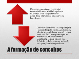 Conceitos espontâneos (ex.: irmão) –
         desenvolvidos nas atividades práticas
         da criança. Mas a capacidade de
         defini-los e operá-los só se desenvolve
         bem depois.



                Conceitos científicos (ex.: exploração)
                – adquiridos pelo ensino. Ainda assim,
                não são apreendidos de uma só vez em
                sua forma final, mas passam por um
                processo de desenvolvimento.
                Geralmente começa-se com sua
                definição verbal e com sua aplicação
                em operações não-espontâneas.


A formação de conceitos
 