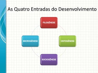 As Quatro Entradas do Desenvolvimento
FILOGÊNESE
ONTOGÊNESE
SOCIOGÊNESE
MICROGÊNESE
 