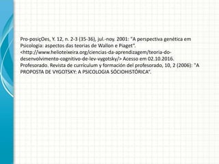 Pro-posiçOes, Y. 12, n. 2-3 (35-36), jul.-noy. 2001: "A perspectiva genética em
Psicologia: aspectos das teorias de Wallon e Piaget“.
<http://www.helioteixeira.org/ciencias-da-aprendizagem/teoria-do-
desenvolvimento-cognitivo-de-lev-vygotsky/> Acesso em 02.10.2016.
Profesorado. Revista de currículum y formación del profesorado, 10, 2 (2006): "A
PROPOSTA DE VYGOTSKY: A PSICOLOGIA SÓCIOHISTÓRICA“.
 