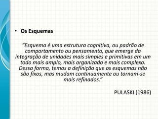 • Os Esquemas
“Esquema é uma estrutura cognitiva, ou padrão de
comportamento ou pensamento, que emerge da
integração de unidades mais simples e primitivas em um
todo mais amplo, mais organizado e mais complexo.
Dessa forma, temos a definição que os esquemas não
são fixos, mas mudam continuamente ou tornam-se
mais refinados.”
PULASKI (1986)
 