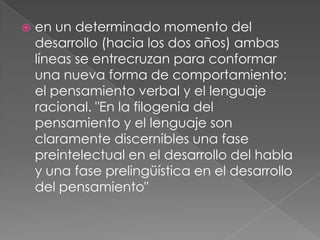 en un determinado momento del desarrollo (hacia los dos años) ambas líneas se entrecruzan para conformar una nueva forma de comportamiento: el pensamiento verbal y el lenguaje racional. "En la filogenia del pensamiento y el lenguaje son claramente discernibles una fase preintelectual en el desarrollo del habla y una fase prelingüística en el desarrollo del pensamiento"