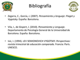 Bibliografía
• Zegarra, C., García, J. (2007). Pensamiento y lenguaje: Piaget y
  Vygotsky. España: Barcelona.

• Vila, I., de Gispert, I. (2010). Pensamiento y Lenguaje.
  Departamento de Psicología General de la Universidad de
  Barcelona. España: Barcelona.

• Ivic, I. (1994). LEV SEMIONOVICH VYGOTSKY. Perspectivas:
  revista trimestral de educación comparada. Francia: París.
  UNESCO.
 