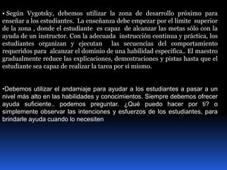• Según Vygotsky, debemos utilizar la zona de desarrollo próximo para 
enseñar a los estudiantes. La enseñanza debe empezar por el límite superior 
de la zona , donde el estudiante es capaz de alcanzar las metas sólo con la 
ayuda de un instructor. Con la adecuada instrucción continua y práctica, los 
estudiantes organizan y ejecutan las secuencias del comportamiento 
requeridos para alcanzar el dominio de una habilidad específica.. El maestro 
gradualmente reduce las explicaciones, demostraciones y pistas hasta que el 
estudiante sea capaz de realizar la tarea por sí mismo. 
•Debemos utilizar el andamiaje para ayudar a los estudiantes a pasar a un 
nivel más alto en las habilidades y conocimientos. Siempre debemos ofrecer 
ayuda suficiente.. podemos preguntar. ¿Qué puedo hacer por ti? o 
simplemente observar las intenciones y esfuerzos de los estudiantes, para 
brindarle ayuda cuando lo necesiten 
 