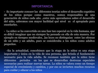 - Es importante conocer las diferentes teorías sobre el desarrollo cognitivo 
de los niños porque como maestros, somos responsables de una 
generación de niños cada año. ,entre más aprendamos sobre el desarrollo 
del niño, sabremos con mayor facilidad qué nivel es el apropiado para 
enseñarles. 
- La niñez se ha convertido en una fase tan especial en la vida humana, que 
es difícil imaginar que no siempre ha pensado en ella de esta manera. Por 
ejemplo en tiempos medievales, ,las leyes no distinguían entre las ofensas 
de un niño y un adulto, pues se consideraba a los niños como adultos 
pequeños. 
-En la actualidad, concebimos que la etapa de la niñez es una etapa 
importante y única en la vida de una persona, que brinda el fundamento 
necesario para la vida adulta. Se reconoce también que la niñez tiene 
diferentes periodos en los que se desarrollan destrezas especiales 
necesarias para realizar nuevas tareas. La niñez se valora como un tiempo 
especial de crecimiento y cambios, y por eso se invierten muchos recursos 
para cuidar y educar a los niños 
 