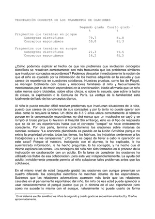 TERMINACIÓN CORRECTA DE LOS FRAGMENTOS DE ORACIONES
Segundo grado Cuarto grado *
% %
Fragmentos que terminan en porque
Conceptos científicos 79,7 81,8
Conceptos espontáneos 59,0 81,3
Fragmentos que terminan en aunque
Conceptos científicos 21,3 79,5
Conceptos espontáneos 16,2 65,5
¿Cómo podemos explicar el hecho de que los problemas que involucran conceptos
científicos se resuelven correctamente con más frecuencia que los problemas similares
que involucran conceptos espontáneos? Podemos descartar inmediatamente la noción de
que el niño es ayudado por la información de los hechos adquirida en la escuela y que
carece de experiencia en cuestiones cotidianas. Nuestras pruebas, como las de Piaget,
se manejan totalmente con cosas y relaciones familiares al niño y frecuentemente
mencionadas por él de modo espontáneo en la conversación. Nadie afirmaría que un niño
sabe menos sobre bicicletas, sobre otros chicos, o sobre la escuela, que sobre la lucha
de clases, la explotación o la Comuna de París. La ventaja de la familiaridad está
totalmente del lado de los conceptos diarios.
Al niño le puede resultar difícil resolver problemas que involucran situaciones de la vida,
puesto que carece de conciencia de sus conceptos y por lo tanto no puede operar con
ellos como lo requiere la tarea. Un chico de 8 ó 9 años utiliza correctamente el término
porque en la conversación espontánea; no dirá nunca que un muchacho se cayó y se
rompió el brazo porque lo llevaron al hospital Sin embargo, éste es el tipo de respuesta
que se da en las experiencias hasta que el concepto "porque" se hace enteramente
consciente. Por otra parte, termina correctamente las oraciones sobre materias de
ciencias sociales: "La economía planificada es posible en la Unión Soviética porque no
existe la propiedad privada; todas las tierras, las fábricas, las industrias pertenecen a los
trabajadores y a los campesinos." ¿Por qué es capaz de llevar a cabo la operación en
este caso? Porque el maestro, trabajando con el alumno, le ha explicado, le ha
suministrado información, le ha hecho preguntas, lo ha corregido, y ha hecho que él
mismo explicara los temas. Los conceptos del niño han sido formados en el proceso de la
instrucción en colaboración con un adulto. En la tarea de completar las oraciones ha
utilizado los frutos de esa colaboración, pero esta vez independientemente. La ayuda del
adulto, invisiblemente presente permite al niño solucionar tales problemas antes que los
cotidianos.
En el mismo nivel de edad (segundo grado) las oraciones con aunque presentan un
cuadro diferente, los conceptos científicos no marchan delante de los espontáneos.
Sabemos que las relaciones adversativas aparecen más tarde que las relaciones
causales en el pensamiento espontáneo del niño. Un niño de esa edad puede aprender a
usar conscientemente el porqué puesto que ya lo domina en el uso espontáneo pero
como no sucede lo mismo con el aunque, naturalmente no puede usarlo de forma
*
En el sistema escolar soviético los niños de segundo y cuarto grado se encuentran entre los 8 y 10 años
aproximadamente.
 