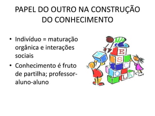 PAPEL DO OUTRO NA CONSTRUÇÃO
DO CONHECIMENTO
• Indivíduo = maturação
orgânica e interações
sociais
• Conhecimento é fruto
de partilha; professor-
aluno-aluno
 