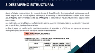 Según el diseño constructivo y los requerimientos de la edificación, la resistencia de sobrecarga puede
variar en función del tipo de vigueta, su longitud, el peralte y la distancia del claro a cubrir. Varía desde
los 350Kg/m2 para viviendas hasta los 1000kg/m2 si hablamos de naves industriales o edificaciones
comerciales.
Los materiales que se utilizan en su fabricación (acero, concreto e incluso madera) son de alta resistencia
por lo que la losa funciona bastante bien.
La losa trabaja en colaboración con los elementos estructurales, y el sistema se comporta como un
diafragma rígido que absorbe los esfuerzos cortantes del sismo.
3 DESEMPEÑO ESTRUCTURAL
 
