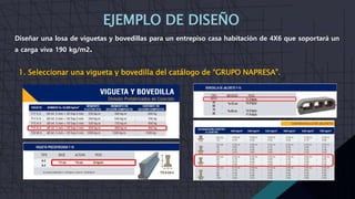 Diseñar una losa de viguetas y bovedillas para un entrepiso casa habitación de 4X6 que soportará un
a carga viva 190 kg/m2.
EJEMPLO DE DISEÑO
1. Seleccionar una vigueta y bovedilla del catálogo de “GRUPO NAPRESA”.
 