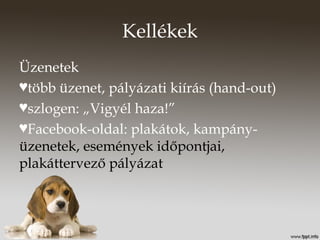 Kellékek
Üzenetek
♥több üzenet, pályázati kiírás (hand-out)
♥szlogen: „Vigyél haza!”
♥Facebook-oldal: plakátok, kampány-
üzenetek, események időpontjai,
plakáttervező pályázat
 