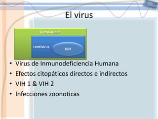 VIHEl virusVirus de Inmunodeficiencia HumanaEfectos citopáticos directos e indirectosVIH 1 & VIH 2Infecciones zoonoticasRetroviridaeLentivirusVIH