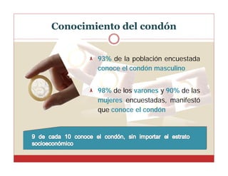 Conocimiento del condón

93% de la población encuestada
conoce el condón masculino
98% de los varones y 90% de las
mujeres encuestadas, manifestó
que conoce el condón

 