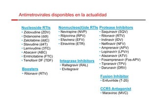 Antirretrovirales disponibles en la actualidad 
Nucleoside RTIs 
• Zidovudine (ZDV) 
• Didanosine (ddI) 
• Zalcitabine (ddC) 
• Stavudine (d4T) 
• Lamivudine (3TC) 
• Abacavir (ABC) 
• Emtricitabine (FTC) 
• Tenofovir DF (TDF) 
Nonnucleos(t)ide RTIs 
• Nevirapine (NVP) 
• Rilpivirina (RPV) 
• Efavirenz (EFV) 
• Etravirine (ETR) 
Protease Inhibitors 
• Saquinavir (SQV) 
• Ritonavir (RTV) 
• Indinavir (IDV) 
• Nelfinavir (NFV) 
• Amprenavir (APV) 
• Lopinavir/r (LPV/r) 
• Atazanavir (ATV) 
• Fosamprenavir (Fos-APV) 
• Tipranavir (TPV) 
Boosters • Darunavir (DRV) 
• Ritonavir (RTV) 
Fusion Inhibitor 
• Enfuvirtide (T-20) 
CCR5 Antagonist 
• Maraviroc (MVC) 
Integrase Inhibitors 
• Raltegravir (RAL) 
• Elvitegravir 
 