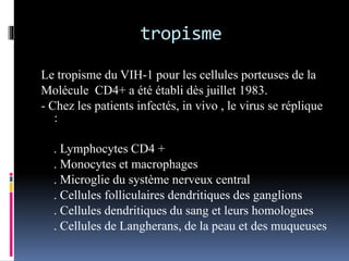 tropisme 
Le tropisme du VIH-1 pour les cellules porteuses de la 
Molécule CD4+ a été établi dès juillet 1983. 
- Chez les patients infectés, in vivo , le virus se réplique 
: 
. Lymphocytes CD4 + 
. Monocytes et macrophages 
. Microglie du système nerveux central 
. Cellules folliculaires dendritiques des ganglions 
. Cellules dendritiques du sang et leurs homologues 
. Cellules de Langherans, de la peau et des muqueuses 
 