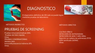 El diagnostico definitivo de VIH solo se puede lograr
mediante pruebas de laboratorio
MÉTODOS INDIRECTOS
PRUEBAS DE SCREENING
Pruebas inmunoenzimaticas (EIA).
Pruebas dot blot (rápida).
Otras.
PRUEBAS CONFIRMATORIAS
Western blot.
Inmunofluorescencia indirecta (IFI).
Otras.
MÉTODOS DIRECTOS
CULTIVO VÍRICO
DETECCIÓN DE ANTIGENEMIA
DETECCIÓN DE ADN Y ARN VIRAL
Reacción en cadena de polimerasa (PCR).
ADN ramificado (bDNA).
Otras.
DIAGNOSTICO
 