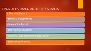 TIPOS DE FARMACO ANTIRRETROVIRALES
- Abacavir(Ziagen)
-Emtricitabina(Emtriva)
-Lamivudina(Epivir)
-Estavudina(Stavudine)
-Tenofovir disoproxil fumarato(Viread)
-Zidovudina(Retrovir)
 