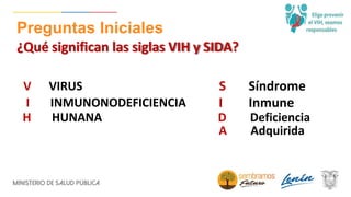Preguntas Iniciales
¿Qué significan las siglas VIH y SIDA?
V
I
VIRUS
INMUNONODEFICIENCIA
S
I
Síndrome
Inmune
H HUNANA D Deficiencia
A Adquirida
 