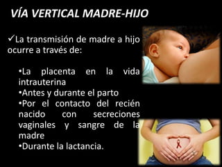 VÍA VERTICAL MADRE-HIJO

La transmisión de madre a hijo
ocurre a través de:

  •La placenta en la vida
  intrauterina
  •Antes y durante el parto
  •Por el contacto del recién
  nacido     con     secreciones
  vaginales y sangre de la
  madre
  •Durante la lactancia.
 