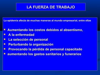 LA FUERZA DE TRABAJO


La epidemia afecta de muchas maneras al mundo empresarial, entre ellas


   Aumentando los costos debidos al absentismo,
    A la enfermedad
    La selección de personal
    Perturbando la organización
    Provocando la pérdida de personal capacitado
   aumentando los gastos sanitarios y funerarios
 