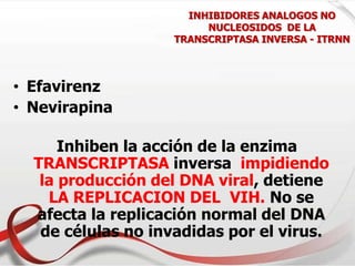 INHIBIDORES ANALOGOS NO
NUCLEOSIDOS DE LA
TRANSCRIPTASA INVERSA - ITRNN
• Efavirenz
• Nevirapina
Inhiben la acción de la enzima
TRANSCRIPTASA inversa impidiendo
la producción del DNA viral, detiene
LA REPLICACION DEL VIH. No se
afecta la replicación normal del DNA
de células no invadidas por el virus.
 