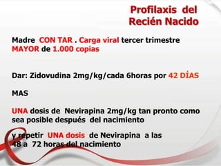 Profilaxis del
Recién Nacido
Madre CON TAR . Carga viral tercer trimestre
MAYOR de 1.000 copias
Dar: Zidovudina 2mg/kg/cada 6horas por 42 DÍAS
MAS
UNA dosis de Nevirapina 2mg/kg tan pronto como
sea posible después del nacimiento
y repetir UNA dosis de Nevirapina a las
48 a 72 horas del nacimiento
 