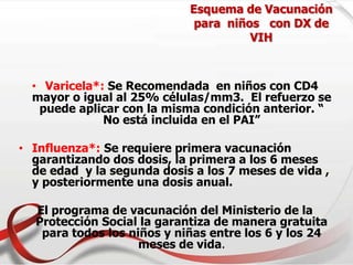 Esquema de Vacunación
para niños con DX de
VIH
• Varicela*: Se Recomendada en niños con CD4
mayor o igual al 25% células/mm3. El refuerzo se
puede aplicar con la misma condición anterior. “
No está incluida en el PAI”
• Influenza*: Se requiere primera vacunación
garantizando dos dosis, la primera a los 6 meses
de edad y la segunda dosis a los 7 meses de vida ,
y posteriormente una dosis anual.
El programa de vacunación del Ministerio de la
Protección Social la garantiza de manera gratuita
para todos los niños y niñas entre los 6 y los 24
meses de vida.
 