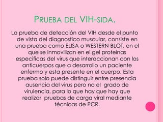 PRUEBA DEL VIH-SIDA.
La prueba de detección del VIH desde el punto
  de vista del diagnostico muscular, consiste en
 una prueba como ELISA o WESTERN BLOT, en el
        que se inmovilizan en el gel proteínas
  especificas del virus que interaccionan con los
    anticuerpos que a desarrollo un paciente
    enfermo y esta presente en el cuerpo. Esta
   prueba solo puede distinguir entre presencia
      ausencia del virus pero no el grado de
      virulencia, para lo que hay que hay que
     realizar pruebas de carga viral mediante
                   técnicas de PCR.
 