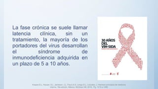 La fase crónica se suele llamar
latencia clínica, sin un
tratamiento, la mayoría de los
portadores del virus desarrollan
el síndrome de
inmunodeficiencia adquirida en
un plazo de 5 a 10 años.
Kasper.D.L, Hauser. S.L. Jameson. J.L, Fauci.A.S, Longo.D.L, Loscalzo. J, Harrison principios de medicina
interna. 19a edición. México. McGraw Hill; 2016. Pg. 1215 a 1285
 
