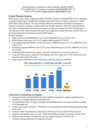 Ramnarain Ruia Autonomous College, Matunga, Mumbai 400019
Class TYBA Sem VI Commerce Assignment RUACOM603 2021-22
Name/s of the student Vihaan Sachin Vadnere Roll No.3625
5
Export Finance Sources
Korea, Iraq, Jordan, Qatar, Afghanistan and to SAARC countries in exported H R Coils to customers
in neighbouring markets, Middle East, Thailand, and South Africa to enhance utilisation of TSCR
(Thin Slab Caster) products. The Long Products Division continued to strengthen its presence in
markets of strategic importance, predominantly the SAARC countries. Wires Division registered a
45% year on year growth and increased its enquiry to order turn around ratio from 7% last year to
14% this year. Ferro Alloys Minerals Division was recognized as a Star Performer in Ferro Alloys in
by Engineering Export Promotion Council (EEPC India).
Finance Indicators
 Indian operations contributed 63% out of consolidated deliveries of 6.34 mn tons
 India domestic sales grew by16%YoY against market growth of 7%YoY
 Consolidated adjusted EBITDA of Rs.5,530 crores, EBITDA margin of 15.4%, EBITDA per ton
of Rs.8,725/t
 Standalone adjusted EBITDA of Rs.4,277 crores, EBITDAmargin of 26.6%, EBITDA per ton of
Rs.14,218/t
 Calibrated debt drawdown for organic expansion; enhanced use of internal cash flows
 Long term financing put in place at Tata Sponge Iron with a rights issue of Rs.1,485 crores and
long term debt of Rs2,650 crores
 Capex being recalibrated in line with market conditions and lower cashflows
Global macro and business environment
 Rising uncertainty around political and trade conflicts continued to weigh on global business
confidence, investment decisions and trade flows
 Accommodative policy at major economies iscounterbalanced by increased risk from escalating
US-China trade war
 Chinese steel exports remained ~70 mn tons on annualised basis amidst increasing regional trade
restrictions
 Chinese Crude steel production increased by 24mn tons YoY in 1QFY20 while adjusted
 domestic consumption1 grew by only ~18mn tons; leading to higher inventories on YoY basis
 Seaborne Iron ore prices continued to rise over supply disruptions in Brazil and
Australia,Coking coal prices too remained elevated
 