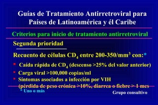 Recuento de células CD4 entre 200-350/mm3
con:*
 Caída rápida de CD4 (descenso >25% del valor anterior)
 Carga viral >100,000 copias/ml
 Síntomas asociados a infección por VIH
(pérdida de peso crónica >10%, diarrea o fiebre > 1 mes
Guías de Tratamiento Antirretroviral para
Países de Latinoamérica y él Caribe
Criterios para inicio de tratamiento antirretroviral
Segunda prioridad
Grupo consultivo* Uno o más
 