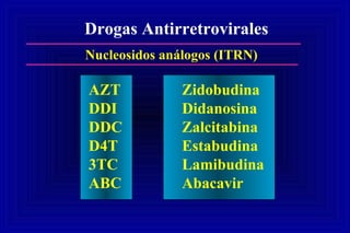 Drogas Antirretrovirales
Nucleosidos análogos (ITRN)
AZT Zidobudina
DDI Didanosina
DDC Zalcitabina
D4T Estabudina
3TC Lamibudina
ABC Abacavir
 