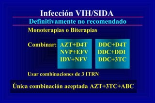 Monoterapias o Biterapias
Combinar: AZT+D4T DDC+D4T
NVP+EFV DDC+DDI
IDV+NFV DDC+3TC
Infección VIH/SIDA
Definitivamente no recomendado
Usar combinaciones de 3 ITRN
AZT+3TC+ABCÚnica combinación aceptada
 