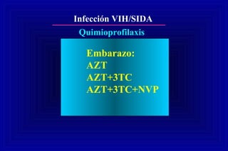 Infección VIH/SIDA
Quimioprofilaxis
Embarazo:
AZT
AZT+3TC
AZT+3TC+NVP
 