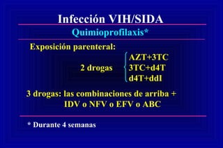 Infección VIH/SIDA
Quimioprofilaxis*
Exposición parenteral:
AZT+3TC
2 drogas 3TC+d4T
d4T+ddI
3 drogas: las combinaciones de arriba +
IDV o NFV o EFV o ABC
* Durante 4 semanas
 