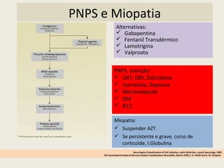 PNPS e Miopatia
Miopatia:
 Suspender AZT
 Se persistente e grave, curso de
corticoide, I.Globulina
PNPS, atenção:
 D4T, DDI, Zalcitabina
 Isoniazida, Dapsona
 Metronidazole
 DM
 B12
Neurological Complications of HIV Infection, Justin McArthur, Lancet Neurology, 2005
HIV-associated Peripheral Nervous System Complications NeuroAids ,March 1999, E. A. Wulff and D. M. Simpson
Alternativas:
 Gabapentina
 Fentanil Transdérmico
 Lamotrigina
 Valproato
 