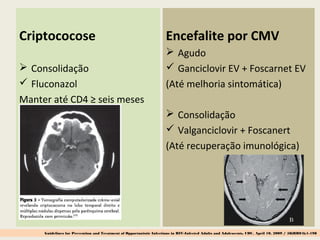 Criptococose
 Consolidação
 Fluconazol
Manter até CD4 ≥ seis meses
Encefalite por CMV
 Agudo
 Ganciclovir EV + Foscarnet EV
(Até melhoria sintomática)
 Consolidação
 Valganciclovir + Foscanert
(Até recuperação imunológica)
Guidelines for Prevention and Treatment of Opportunistic Infections in HIV-Infected Adults and Adolescents, CDC, April 10, 2009 / 58(RR04);1-198
 