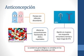 Anticoncepción
Parejas con
infección
discordante
Afecta las
concentraciones
hormonales de
ACO e
inyectables
fármacos antirretrovíricos
La asistencia ginecológica es compleja en las
mujeres infectadas con VIH
Opción en mujeres
con respuesta
inmunitaria normal y
bajo riesgo de ETS
 