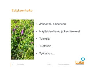 © Luonnonvarakeskus
Esityksen kulku
• Johdattelu aiheeseen
• Näytteiden keruu ja kenttäkokeet
• Tuloksia
• Tuotoksia
• Työ jatkuu…
2 7.4.2017Pirjo Kivijärvi
 