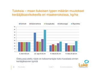 © Luonnonvarakeskus
Tuloksia – maan liukoisen typen määrän muutokset
kerääjäkasvikokeella eri maakerroksissa, kg/ha
23 7.4.2017Pirjo Kivijärvi
0
10
20
30
40
50
60
70
80
90
6. elo 0-25 cm 12. syys 0-25 cm 9. loka 0-25 cm 9. loka 25-50 cm
Kontrolli Italianraiheinä Hunajakukka Valkosinappi Öljyretikka
Elokuussa otettu näyte on kokoomanäyte koko koealasta ennen
kerääjäkasvien kylvöä
 