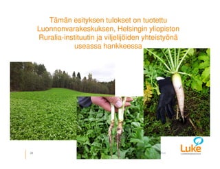 © Luonnonvarakeskus
Tämän esityksen tulokset on tuotettu
Luonnonvarakeskuksen, Helsingin yliopiston
Ruralia-instituutin ja viljelijöiden yhteistyönä
useassa hankkeessa
28 7.4.2017
 