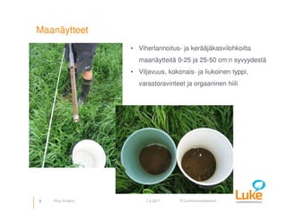 © Luonnonvarakeskus
Maanäytteet
8 7.4.2017Pirjo Kivijärvi
• Viherlannoitus- ja kerääjäkasvilohkoilta
maanäytteitä 0-25 ja 25-50 cm:n syvyydestä
• Viljavuus, kokonais- ja liukoinen typpi,
varastoravinteet ja orgaaninen hiili
 