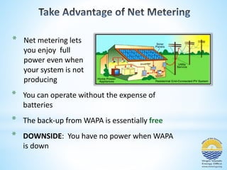 * Net metering lets 
you enjoy full 
power even when 
your system is not 
producing 
* You can operate without the expense of 
batteries 
* The back-up from WAPA is essentially free 
* DOWNSIDE: You have no power when WAPA 
is down 
 