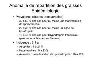 Anomalie de répartition des graisses
                 Epidémiologie
              •  Prévalence (études transversales)
                      –  30 à 62 % des cas pour au moins une manifestation
                         de lipodystrophie
                      –  22 à 38 % des cas pour au moins un signe de
                         lipoatrophie
                      –  18 à 45 % des cas pour l’hypertrophie tronculaire
                         (plus importante chez les femmes)
              •  Incidence : à 1 an
                      –  Atrophies : 7 à 21 %
                      –  Hypertrophies : 9 à 23%
                      –  Au moins 1 manifestation de lipodystrophie : 20 à 27%

Prise en charge thérapeutique des personnes infectées par le VIH. Recommandations du groupe d’expert. Rapport 2004 du Pr JF Delfraissy
 