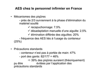 AES chez le personnel infirmier en France

•  Mécanismes des piqûres
      - près de 2/3 surviennent à la phase d’élimination du
      matériel souillé
              recapuchonnage: 7.5%
              désadaptation manuelle d’une aiguille: 2.5%
              élimination différée des aiguilles: 20%
      - fréquence des AES liés à l’usage du conteneur
   (25%)

•  Précautions standards
       - conteneur n’est pas à portée de main: 47%
       - port des gants: 82/177 = 46%
                39% des piqûres auraient (théoriquement)
   pu être           évitées par l’application des
   précautions standards
 