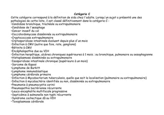 Catégorie C
Cette catégorie correspond à la définition de sida chez l'adulte. Lorsqu'un sujet a présenté une des
pathologies de cette liste, il est classé définitivement dans la catégorie C :
• Candidose bronchique, trachéale ou extrapulmonaire
• Candidose de l'œsophage
• Cancer invasif du col
• Coccidioidomycose disséminée ou extrapulmonaire
• Cryptococcose extrapulmonaire
• Crptosporidiose intestinale évoluant depuis plus d'un mois
• Infection à CMV (autre que foie, rate, ganglions)
• Rétinite à CMV
• Encéphalopathie due au VIH
• Infection herpétique, ulcères chroniques supérieures à 1 mois ; ou bronchique, pulmonaire ou oesophagienne
• Histoplasmose disséminée ou extrapulmonaire
• Isosporidiose intestinale chronique (supérieure à un mois)
• Sarcome de Kaposi
• Lymphome de Burkitt
• Lymphome immunoblastique
• Lymphome cérébrale primaire
• Infection à Mycobacterium tuberculosis, quelle que soit la localisation (pulmonaire ou extrapulmonaire)
• Infection à mycobactérie identifiée ou non, disséminée ou extrapulmonaire
• Pneumonie à pneumocystis carinii
• Pneumopathie bactérienne récurrente
• Leuco-encephalite multifocale progressive
• Septicémie à salmonelle non typhi récurrente
• Syndrome cachectique dû au VIH
• Toxoplasmose cérébrale
 