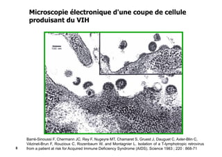 Microscopie électronique d'une coupe de cellule
     produisant du VIH




    Barré-Sinoussi F, Chermann JC, Rey F, Nugeyre MT, Chamaret S, Gruest J, Dauguet C, Axler-Blin C,
    Vézinet-Brun F, Rouzioux C, Rozenbaum W. and Montagnier L. Isolation of a T-lymphotropic retrovirus
8   from a patient at risk for Acquired Immune Deficiency Syndrome (AIDS). Science 1983 ; 220 : 868-71
 
