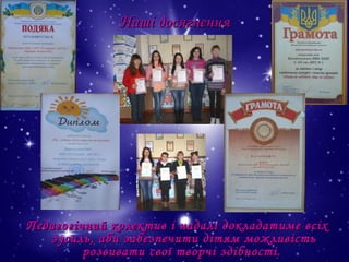 Наші досягнення

Педагогічний колектив і надалі докладатиме всіх
зусиль, аби забезпечити дітям можливість
розвивати свої творчі здібності.

 