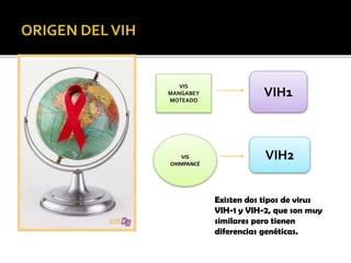 VIS
MANGABEY
MOTEADO
VIS
CHIMPANCÉ
VIH1
VIH2
Existen dos tipos de virus
VIH-1 y VIH-2, que son muy
similares pero tienen
diferencias genéticas.
 