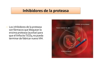 • Los inhibidores de la proteasa
son fármacos que bloquean la
enzima proteasa (auxiliar) para
que el linfocitoT/CD4 no pueda
terminar de fabricar nuevoVIH.
Inhibidor de la proteasa
Nuevo material de VIH
Enzima proteasa
Inhibidores de la proteasa
 