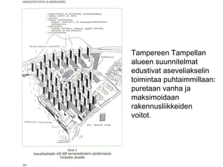 Tampereen Tampellan
alueen suunnitelmat
edustivat aseveliakselin
toimintaa puhtaimmillaan:
puretaan vanha ja
maksimoidaan
rakennusliikkeiden
voitot.
 